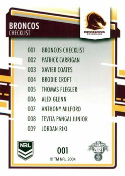 2021 NRL Elite #001 Brisbane Broncos Checklist Back